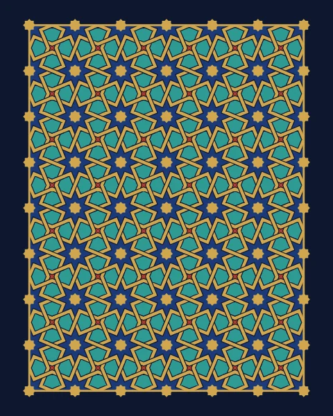 A framed field of lapis eight-point stars with gold centres, turquoise petals and small red four-point stars, bound together by interlaced gold bands.