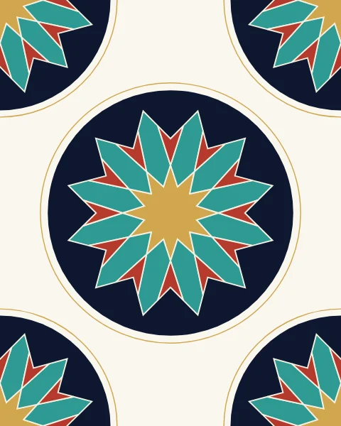 A gold twelve-pointed star ringed by turquoise petals and red points, outlined in ivory within a dark circle on an ivory sheet, with a quarter of the same rosette in each corner.