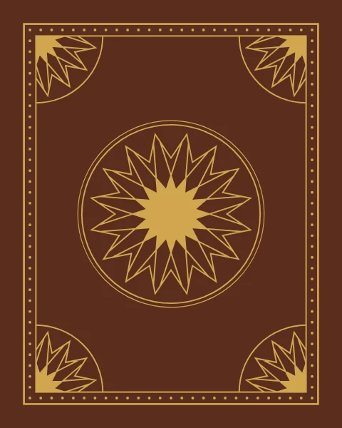 On a brown leather ground, gold tooled lines form a sixteen-fold rosette in a double ring at the centre, with quarter rosettes in each corner and a dotted border between two ruled frames.