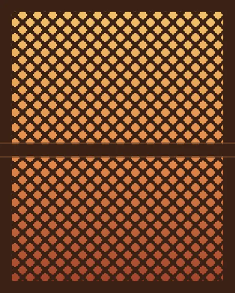 A dark diagonal lattice of beads and turned spindles, divided by a rail into two panels, stands in front of light that deepens from gold at the top to red at the bottom.