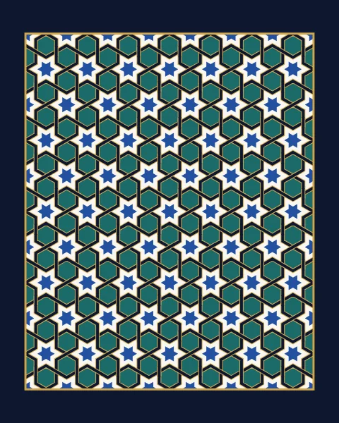 A framed field of white six-pointed stars with cobalt hearts on teal, the pieces bound together by interlaced dark bands edged in gold.