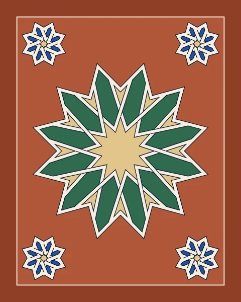 A single ivory band traces a twelve-pointed knot filled with green petals and a honey star on a terracotta panel, with small eight-pointed knots in cobalt and honey near the corners where the sheet allows.