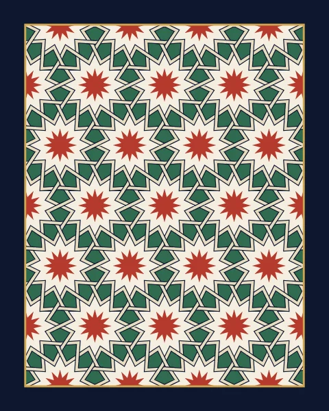 Large ivory twelve-pointed stars with red star centres sit in a framed field on a triangular grid, with small gold stars between them and green pieces around, all tied together by interlaced dark bands with a pale core.