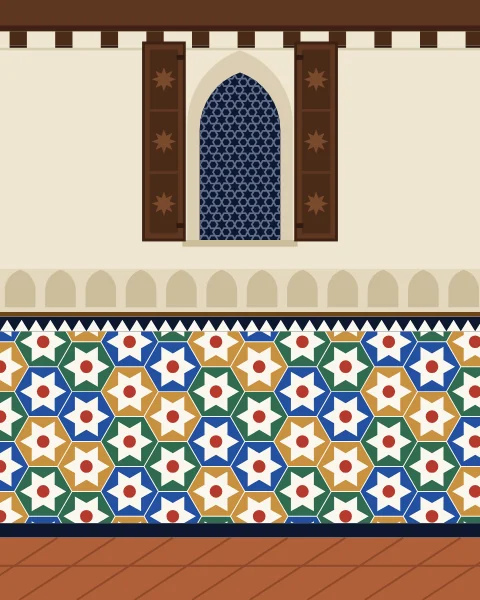 Under a cedar beam with its joist ends showing, a pointed window with a fine lattice stands open between two carved cedar shutters in plain plaster, above a frieze of small carved arches, a tiled dado of hexagons and six-pointed stars in cobalt, green and ochre, and a terracotta floor.