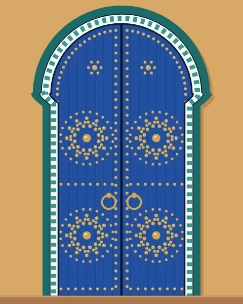 A planked double door in cobalt stands in a horseshoe arch framed by a chequered tile band and a teal surround; gold studs trace the edge of each leaf and form four round starbursts, with ring knockers at the meeting stile.