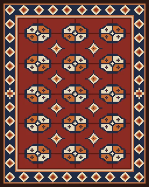 Rows of stepped octagons, each quartered in ivory and orange around an indigo diamond, are threaded on dark lines across a madder-red field, with small diamond guls between them and an indigo border of running diamonds.