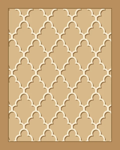 Raised pale bands of lobed arches cross each other to make a diamond net on a framed sandstone ground, each band throwing a shadow down and to the right.