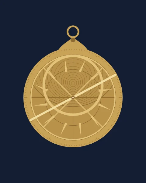 A brass astrolabe hangs from its throne and ring against a deep blue ground; the rim is graduated in fine ticks, the plate engraved with circles of altitude that close in towards the zenith, and the openwork rete above it carries the ecliptic ring, twelve star pointers and a long rule.
