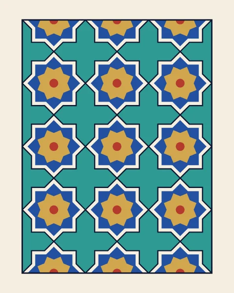 A framed field of eight-pointed stars with ivory rims, each holding a cobalt field, a gold star and a red heart, fitted point to point with turquoise crosses, every tile set in a fine dark joint.