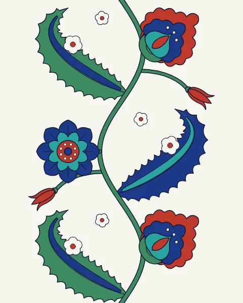 A green stem winds through the field, carrying composite blossoms and rosettes, with long serrated saz leaves sweeping across it and small tulips at its edges.