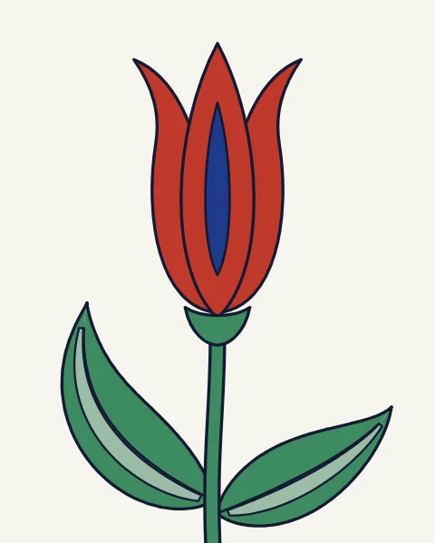 One slender tulip in tomato red with a cobalt heart, rising on a straight stem between two long green leaves.