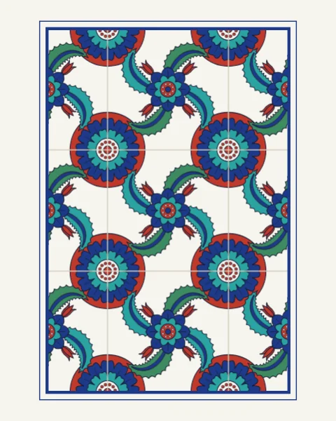 A framed panel of square tiles: each carries a central rosette, a pinwheel of saz leaves and tulips, and the corners join to form large red-ringed medallions; the frame runs along the tile joints and centre lines, set in a plain slip margin with a cobalt double rule.