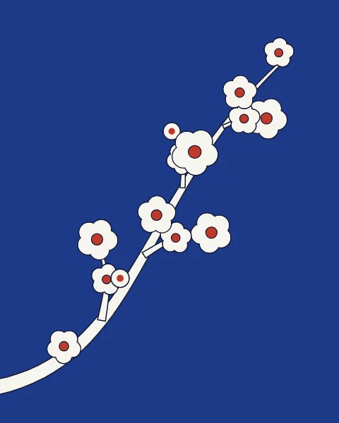 A branch of white plum blossom with red centres crosses a deep cobalt ground.