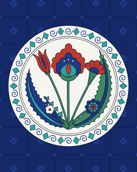 A large dish seen from above, its rim painted with spiral waves and turquoise rocks, its well holding a bouquet of tulip, carnation, hyacinth and a composite blossom framed by saz leaves, set on a wall of dark blue tiles.