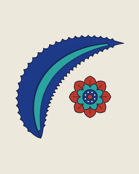 A single crescent-shaped saz leaf in cobalt and turquoise, its edge finely serrated, curving around a small red rosette.