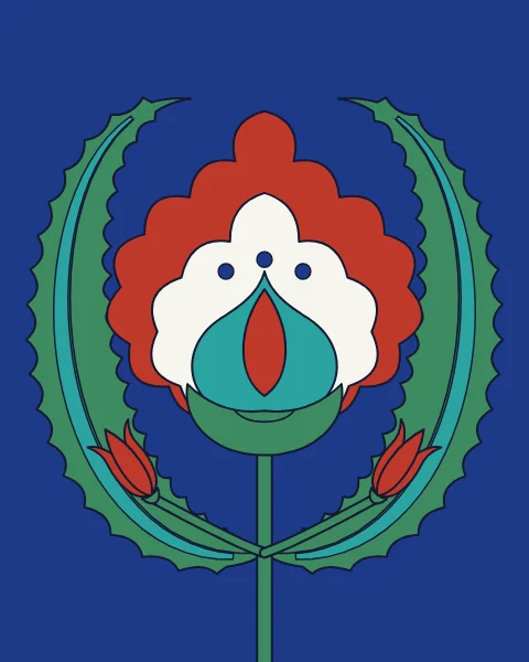 A large composite blossom in red, white and turquoise rises on its stem against cobalt, held between two arching saz leaves with small tulip buds.