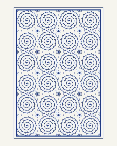 A framed panel of fine cobalt spirals set with tiny leaves, joined in S-shaped pairs, with small blossoms in the spaces between them, inside a cobalt double rule on plain slip.