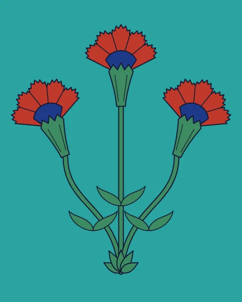 Three red carnations with cobalt collars rise from a small tuft of leaves on a turquoise ground.