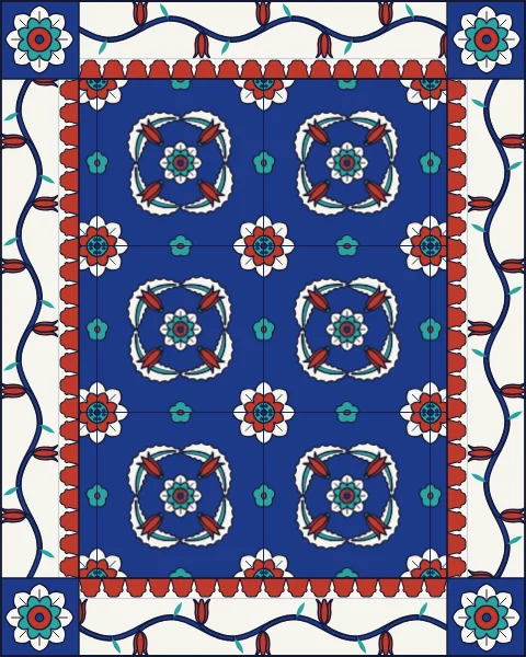 A panel of cobalt-ground tiles, each with a wreath of white saz leaves, tulips and rosettes, framed by a white border of tulips on a running stem and a red trefoil guard band.