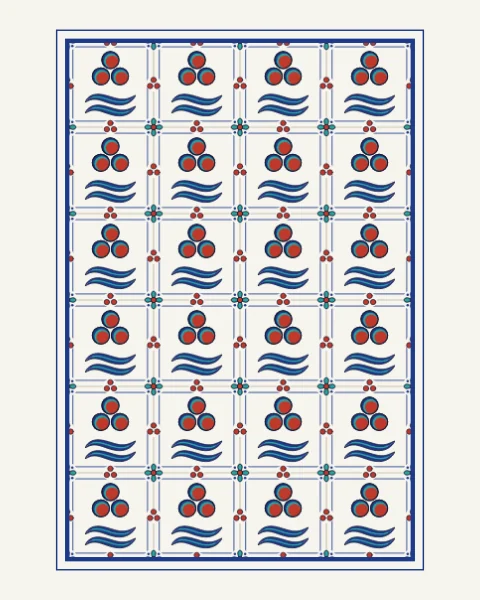 A framed panel of whole white tiles, each holding a cintamani of three red balls above a pair of wavy tiger stripes, with small rosettes where the tiles meet, inside a cobalt double rule.