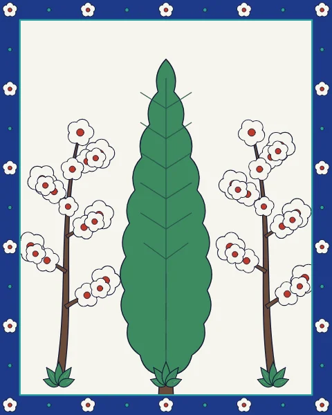 A tall green cypress stands between slender flowering trees inside a cobalt border of small blossoms.