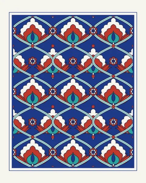 A framed cobalt panel divided by a white lattice of interlocking ogival compartments, each holding a small palmette flanked by tulips, with red rosettes where the lattice meets, set in a slip margin with a cobalt double rule.