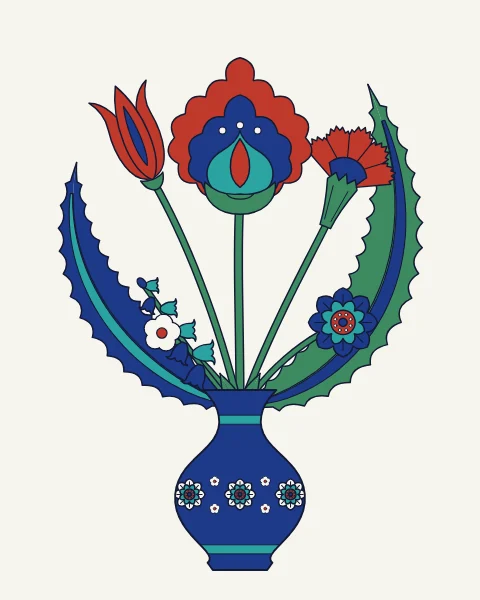A cobalt vase painted with rosettes holds a bouquet of a composite blossom, tulip, carnation, hyacinth and saz leaves.