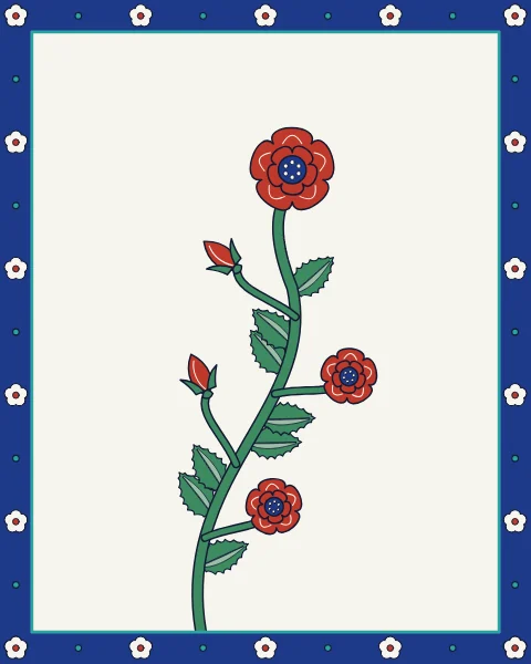 A single climbing rose stem on white slip inside a narrow cobalt border of small blossoms, with open red roses, closed buds and serrated leaves.