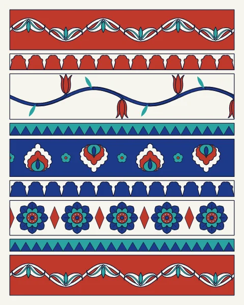 Stacked bands of Iznik borders: split-leaf arabesques on red, a running tulip scroll, reciprocal trefoils, palmettes on cobalt, rosettes and sawtooth guards.