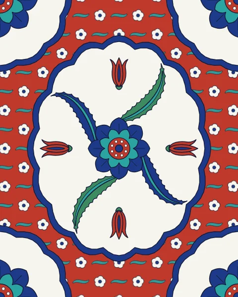 A white lobed medallion with saz leaves, tulips and a central rosette sits on a red field scattered with small blossoms, with quarter medallions in the corners.