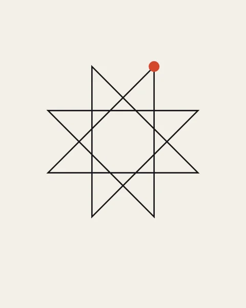 An eight-point star drawn as one unbroken ink line, with a small vermilion dot where the line begins and ends.