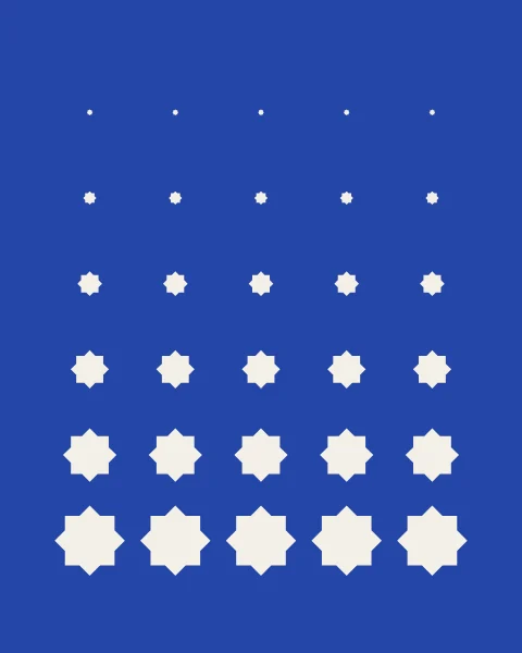 Rows of pale stars on cobalt that shrink steadily up the sheet until they are little more than points.