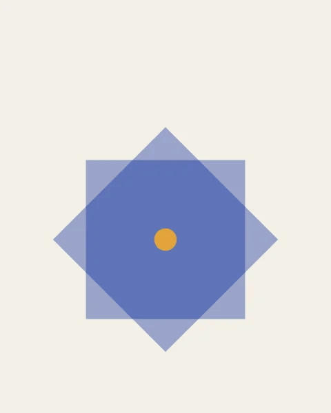 Two translucent cobalt squares laid one over the other, so the star they form deepens to a darker octagon at the centre, marked by a saffron dot.