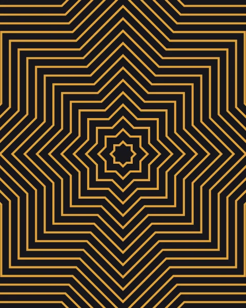 An eight-point star repeated outward in fine saffron outlines until the rings fill the dark sheet.