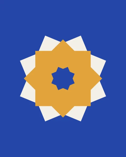 Two eight-point stars, saffron over off-white, offset to make a sixteen-point star on cobalt.