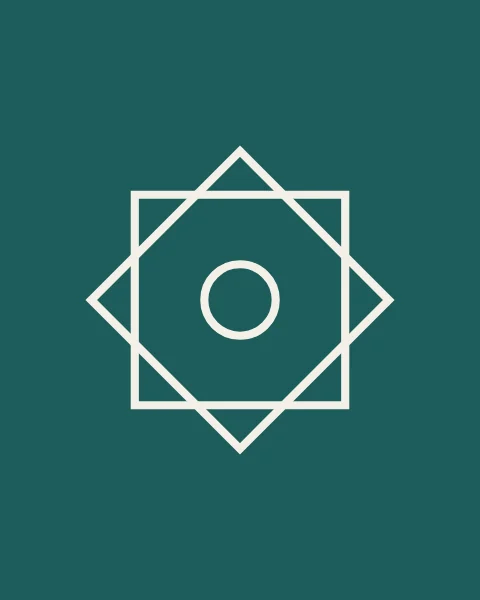 Two overlapping squares and a small circle, drawn in off-white line on deep teal.
