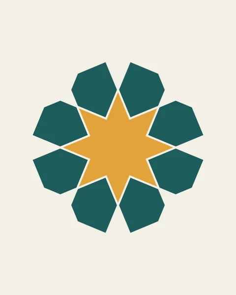 A saffron eight-point star ringed by eight teal petals, set on an open off-white ground.