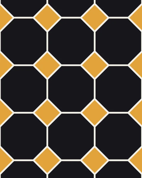 A full grid of black octagons with saffron squares in the gaps, separated by fine pale lines.