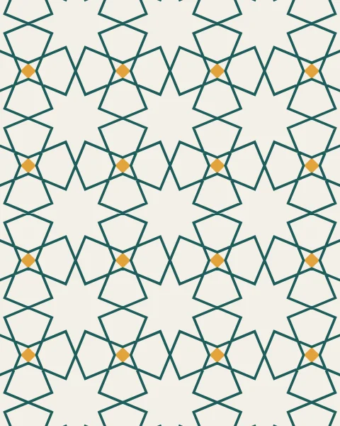 A fine teal line drawing of eight-point stars and small four-point stars locking together across the sheet, with a saffron square at the heart of each four-point star.