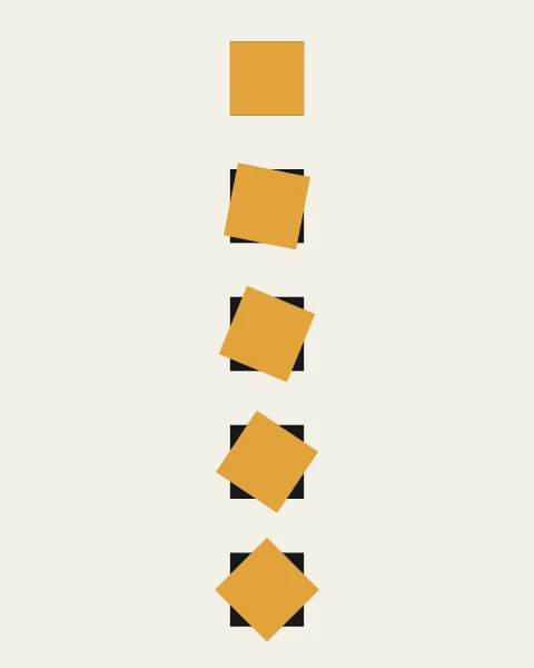 A line of paired squares in which a saffron square turns step by step against a black one until the two lock into an eight-point star.