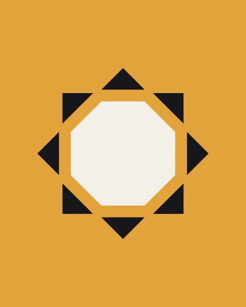 An eight-point star broken into its eight black points and pale centre, drifting apart on saffron.