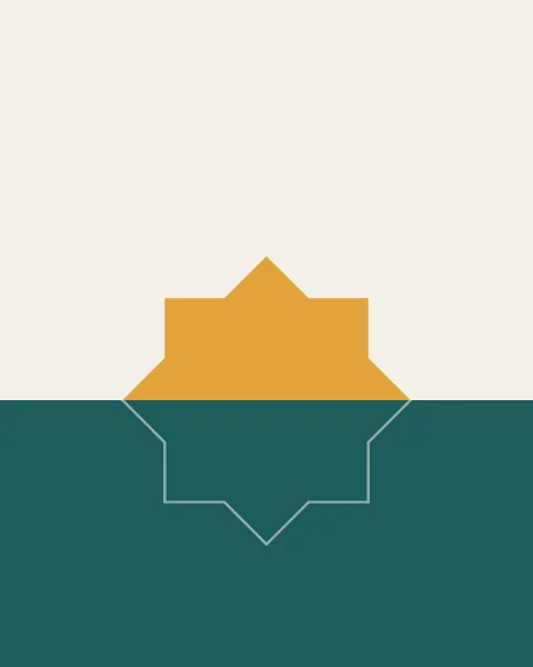 A saffron eight-point star half risen above a deep teal ground, its lower half traced in faint outline below the line.