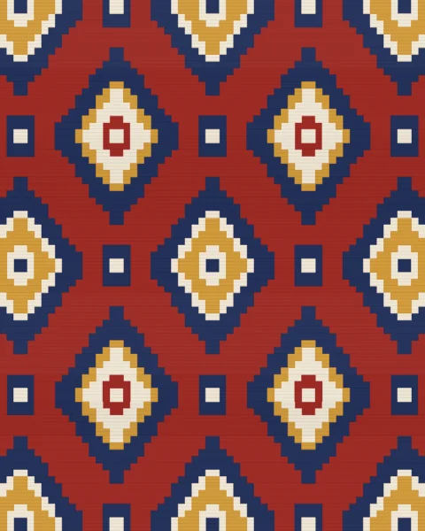 A full field of stepped lozenges in madder and indigo, each ringed in saffron and cream around a small woven diamond at its centre.