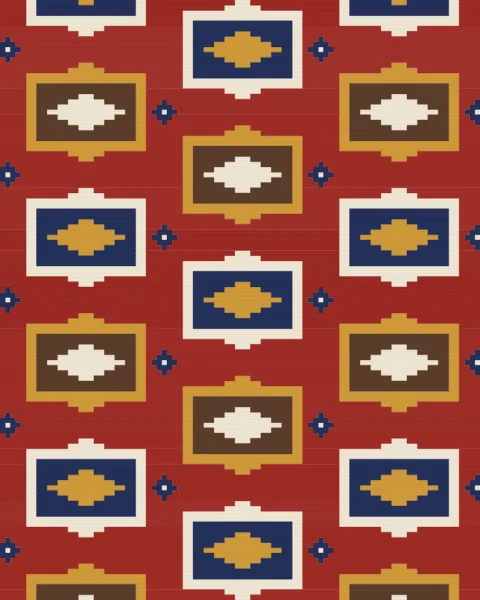 Framed chest motifs in cream and saffron, each holding a stepped diamond on indigo or walnut, set in a half-drop on a madder ground with small indigo diamonds between them.