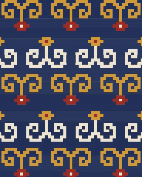 Paired spiralling horns in saffron and cream on deep indigo, alternating upright and inverted in staggered rows.