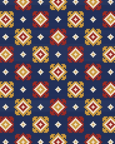 A dense field of latch-hooked diamonds in saffron, cream and madder on indigo, with small cream diamonds set between them.