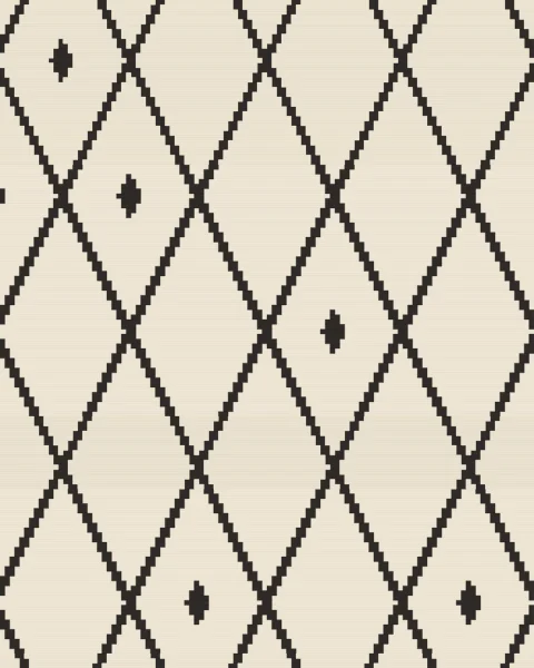 Thin charcoal lines step evenly across undyed cream wool to form an open lattice of tall lozenges, a few of them holding a small lozenge at the centre.