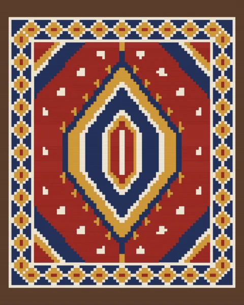 A single large stepped medallion in indigo, saffron and cream at the centre of a madder field, with quarter medallions in the corners and a chained border.