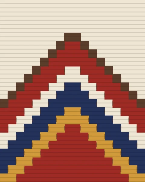 A close crop of the peak of a large kilim diamond, its bands of madder, cream, indigo and saffron climbing in big woven blocks on a cream ground.