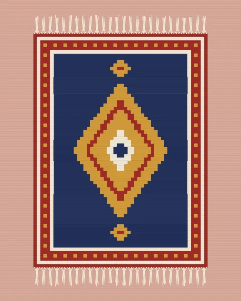 A whole kilim seen from above on a faded rose ground: an indigo field with a madder border and a saffron medallion, the warp ends knotted into cream fringes.